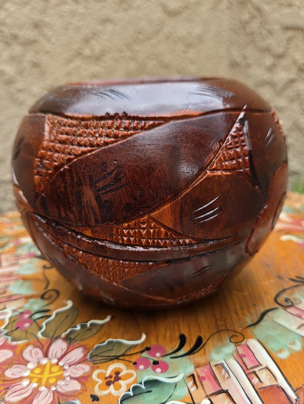 VTG Hand Carved Tropical Wood Bowl Etched Floral Design MCM Trinket Jar Hawaii